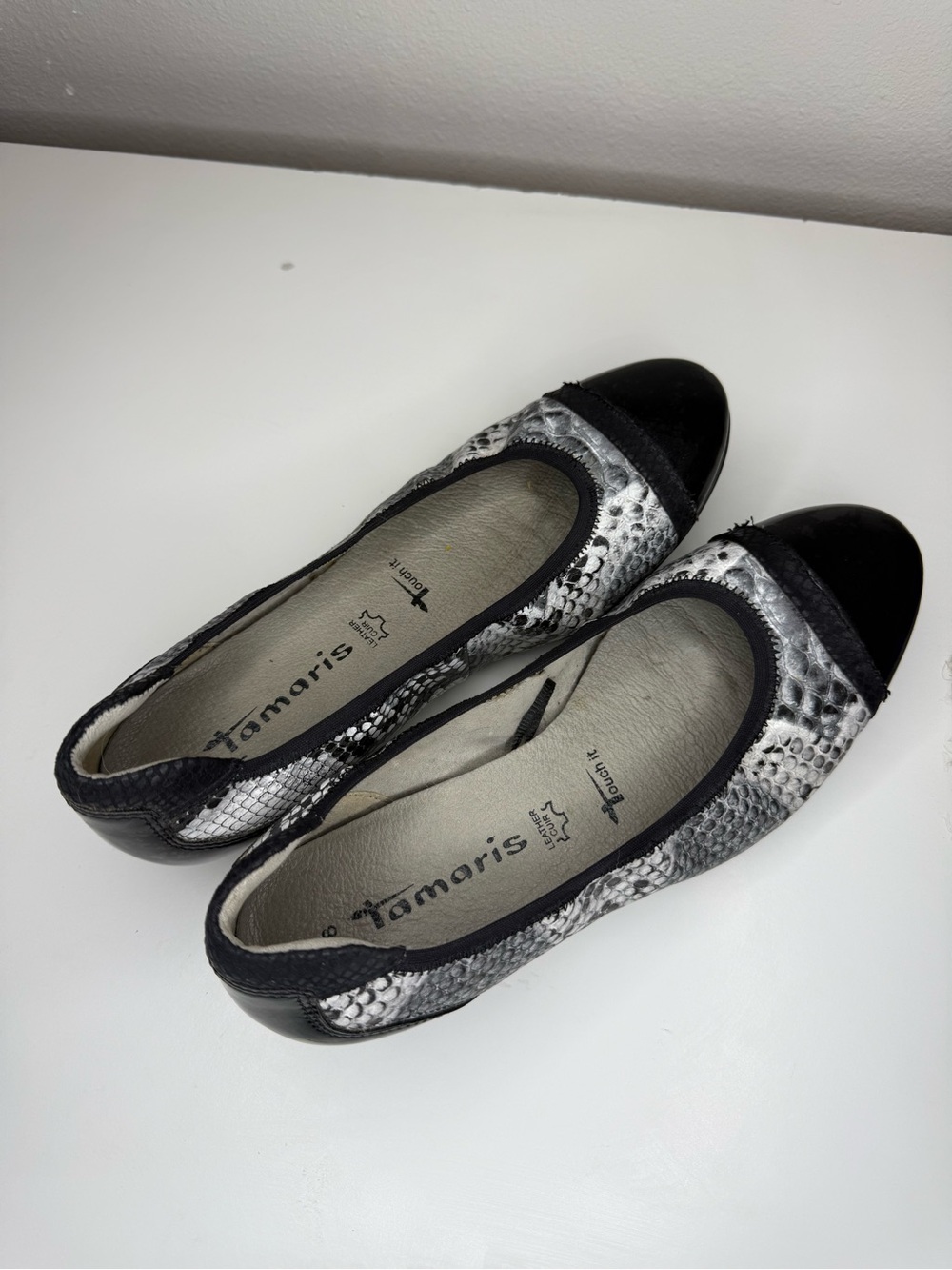 Tamaris Leather Snakeskin Ballet Flats Black Cap Toe Comfort Shoes EU 38 US 7.5